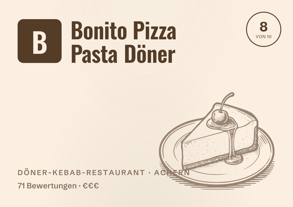 Illustriertes Poster von Bonito Pizza Pasta Döner, Döner-Kebab-Restaurant in Achern: Bewertung 8 von 10 aus 71 Bewertungen, Preisniveau €€€