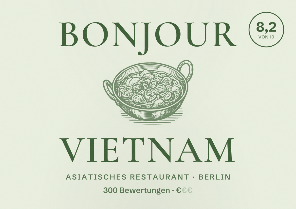 Illustriertes Poster von Bonjour Vietnam, Asiatisches Restaurant in Berlin: Bewertung 8,2 von 10 aus 300 Bewertungen, Preisniveau €
