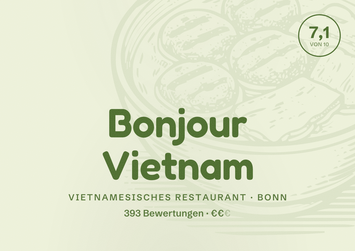 Illustriertes Poster von Bonjour Vietnam, Vietnamesisches Restaurant in Bonn: Bewertung 7,1 von 10 aus 393 Bewertungen, Preisniveau €€