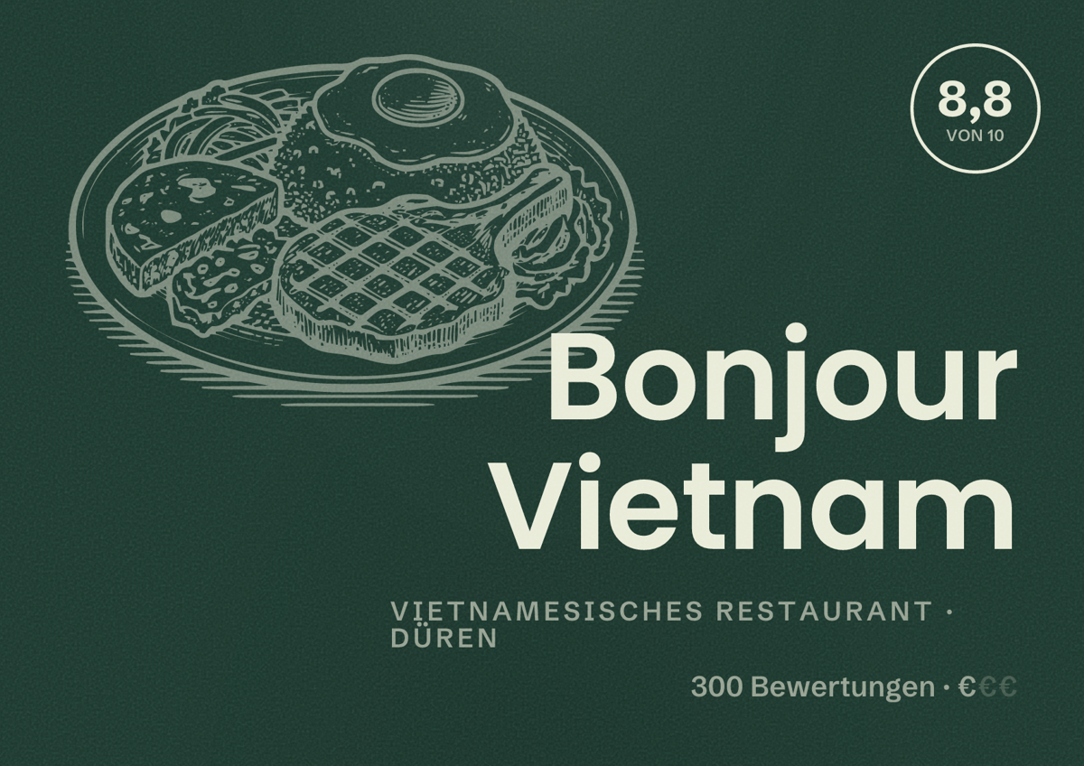 Illustriertes Poster von Bonjour Vietnam, Vietnamesisches Restaurant in Düren: Bewertung 8,8 von 10 aus 300 Bewertungen, Preisniveau €