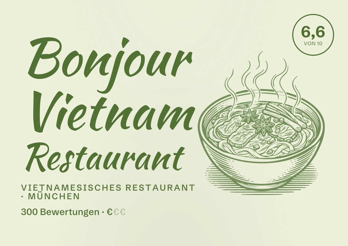 Illustriertes Poster von Bonjour Vietnam Restaurant, Vietnamesisches Restaurant in München: Bewertung 6,6 von 10 aus 300 Bewertungen, Preisniveau €