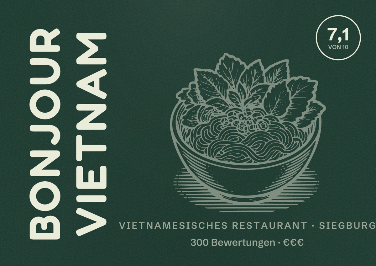 Illustriertes Poster von Bonjour Vietnam, Vietnamesisches Restaurant in Siegburg: Bewertung 7,1 von 10 aus 300 Bewertungen, Preisniveau €€€