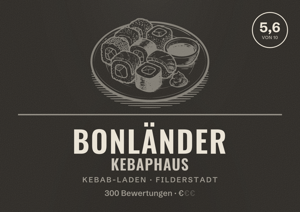 Illustriertes Poster von Bonländer Kebaphaus, Kebab-Laden in Filderstadt: Bewertung 5,6 von 10 aus 300 Bewertungen, Preisniveau €