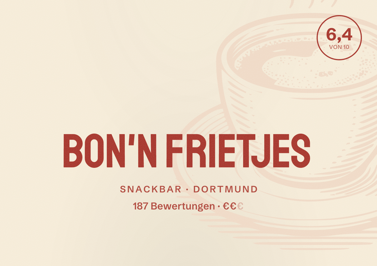 Illustriertes Poster von Bon'n Frietjes, Snackbar in Dortmund: Gästebewertung 6,4 von 10 aus 187 Bewertungen