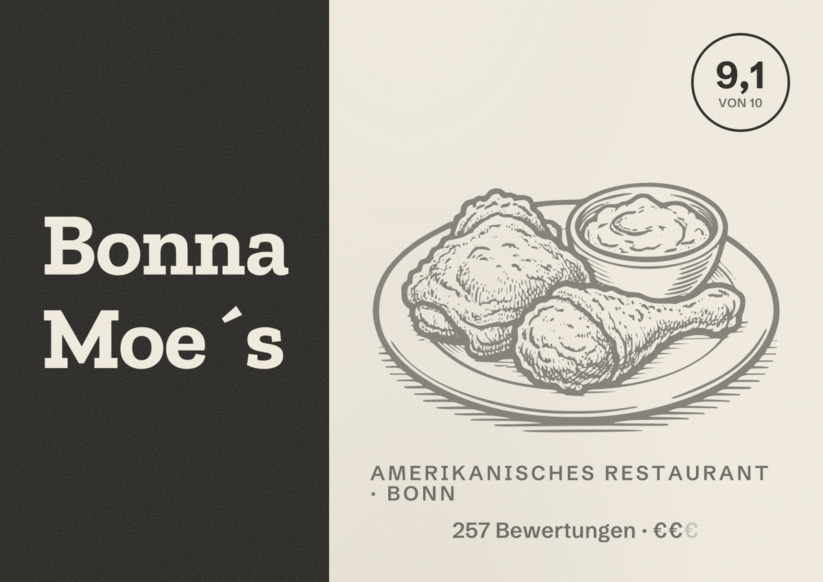 Illustriertes Poster von Bonna Moe´s, Amerikanisches Restaurant in Bonn: Bewertung 9,1 von 10 aus 257 Bewertungen, Preisniveau €€