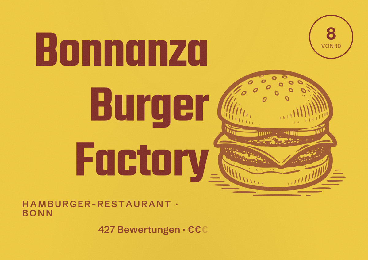 Illustriertes Poster von Bonnanza Burger Factory, Hamburger-Restaurant in Bonn: Bewertung 8 von 10 aus 427 Bewertungen, Preisniveau €€