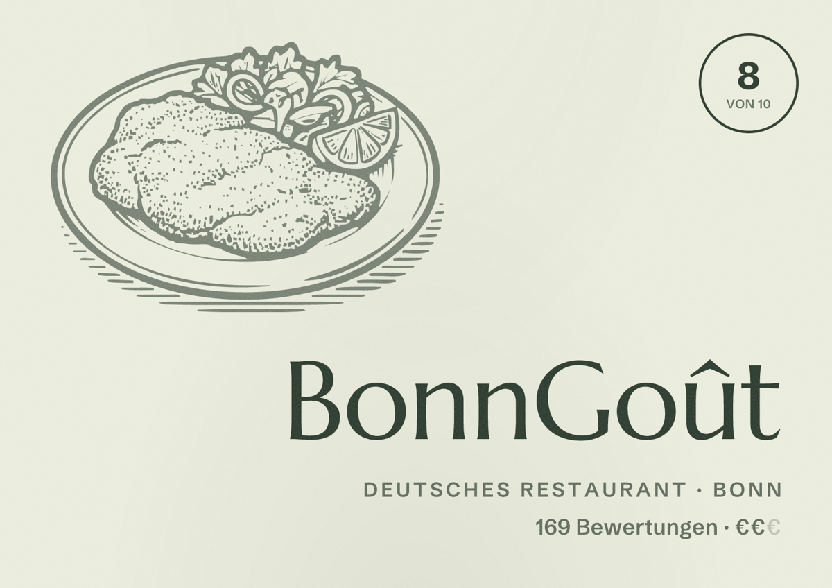 Illustriertes Poster von BonnGoût, Deutsches Restaurant in Bonn: Bewertung 8 von 10 aus 169 Bewertungen, Preisniveau €€