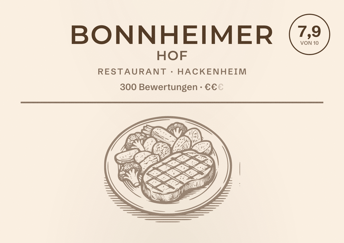 Illustriertes Poster von Bonnheimer Hof, Restaurant in Hackenheim: Bewertung 7,9 von 10 aus 300 Bewertungen, Preisniveau €€