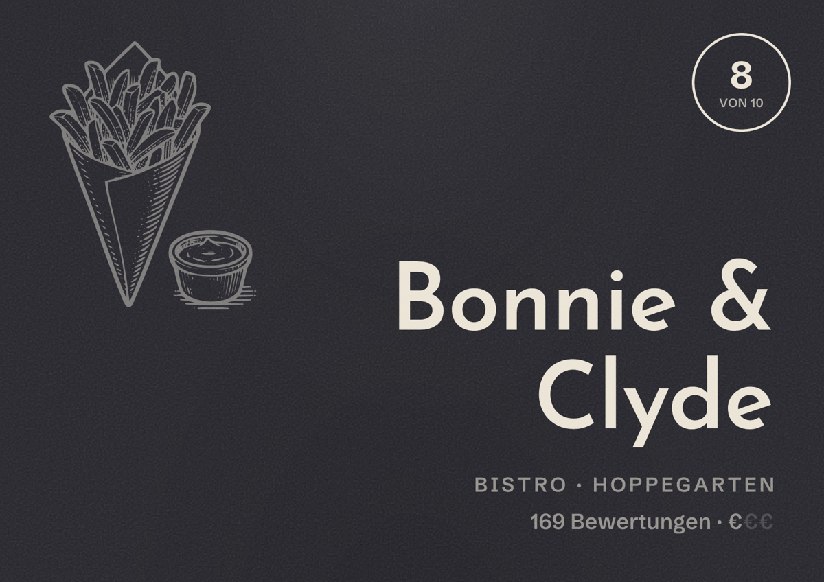 Illustriertes Poster von Bonnie & Clyde, Bistro in Hoppegarten: Bewertung 8 von 10 aus 169 Bewertungen, Preisniveau €