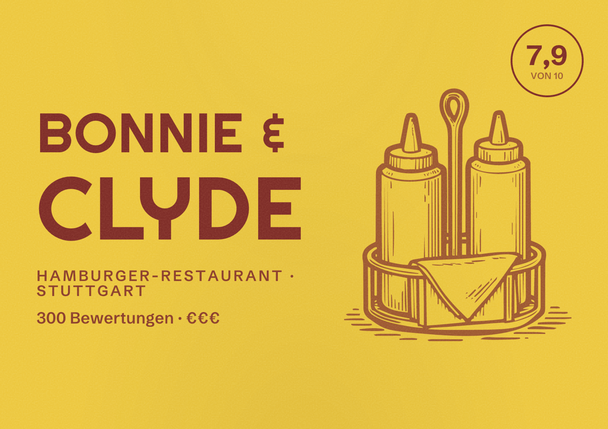 Illustriertes Poster von Bonnie & Clyde, Hamburger-Restaurant in Stuttgart: Bewertung 7,9 von 10 aus 300 Bewertungen, Preisniveau €€€