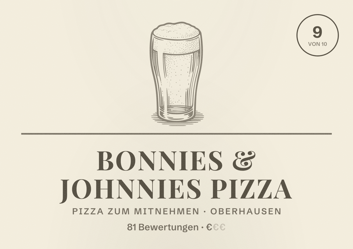 Illustriertes Poster von Bonnies & Johnnies Pizza, Pizza zum Mitnehmen in Oberhausen: Bewertung 9 von 10 aus 81 Bewertungen, Preisniveau €