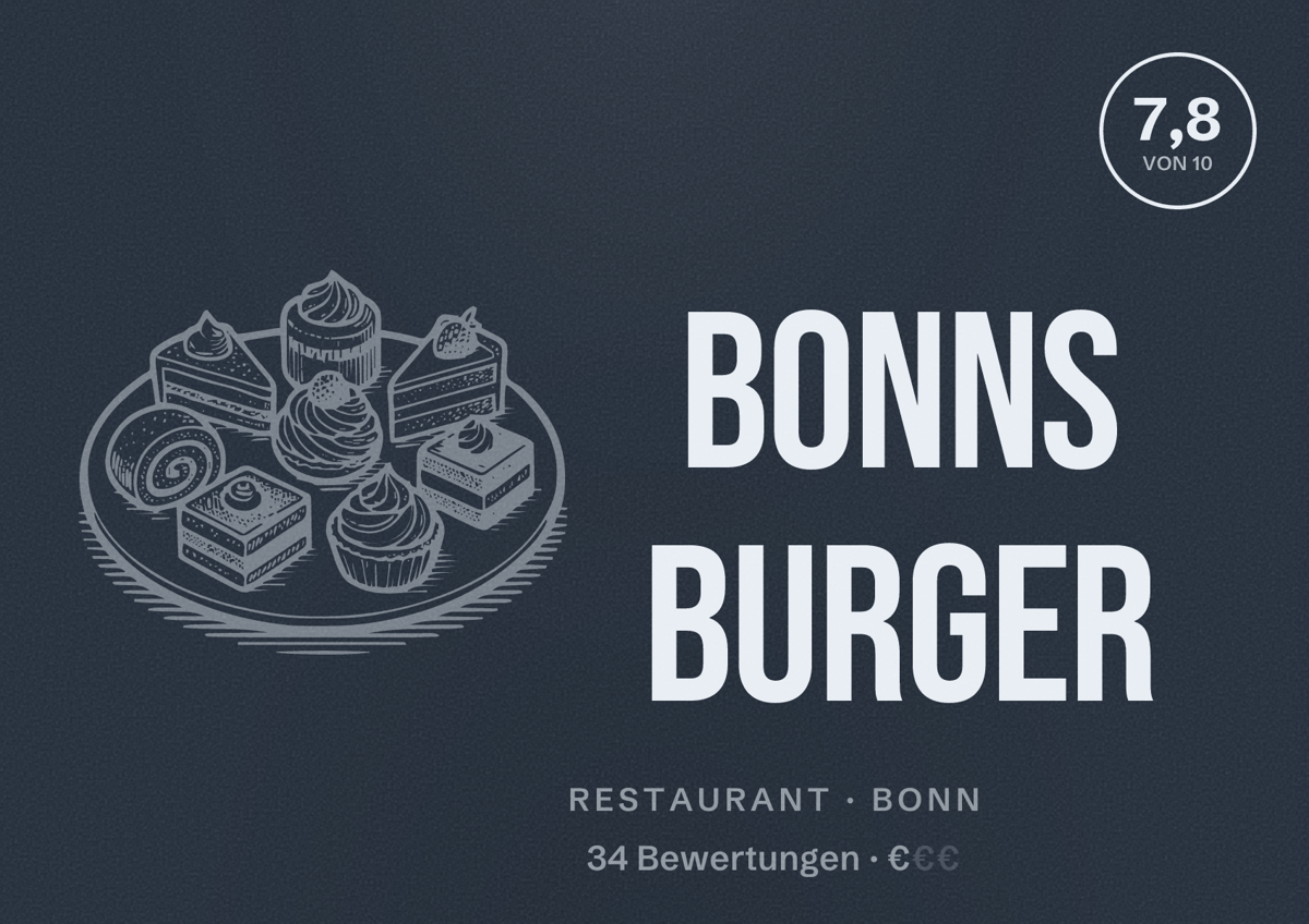 Illustriertes Poster von Bonns Burger, Restaurant in Bonn: Bewertung 7,8 von 10 aus 34 Bewertungen, Preisniveau €