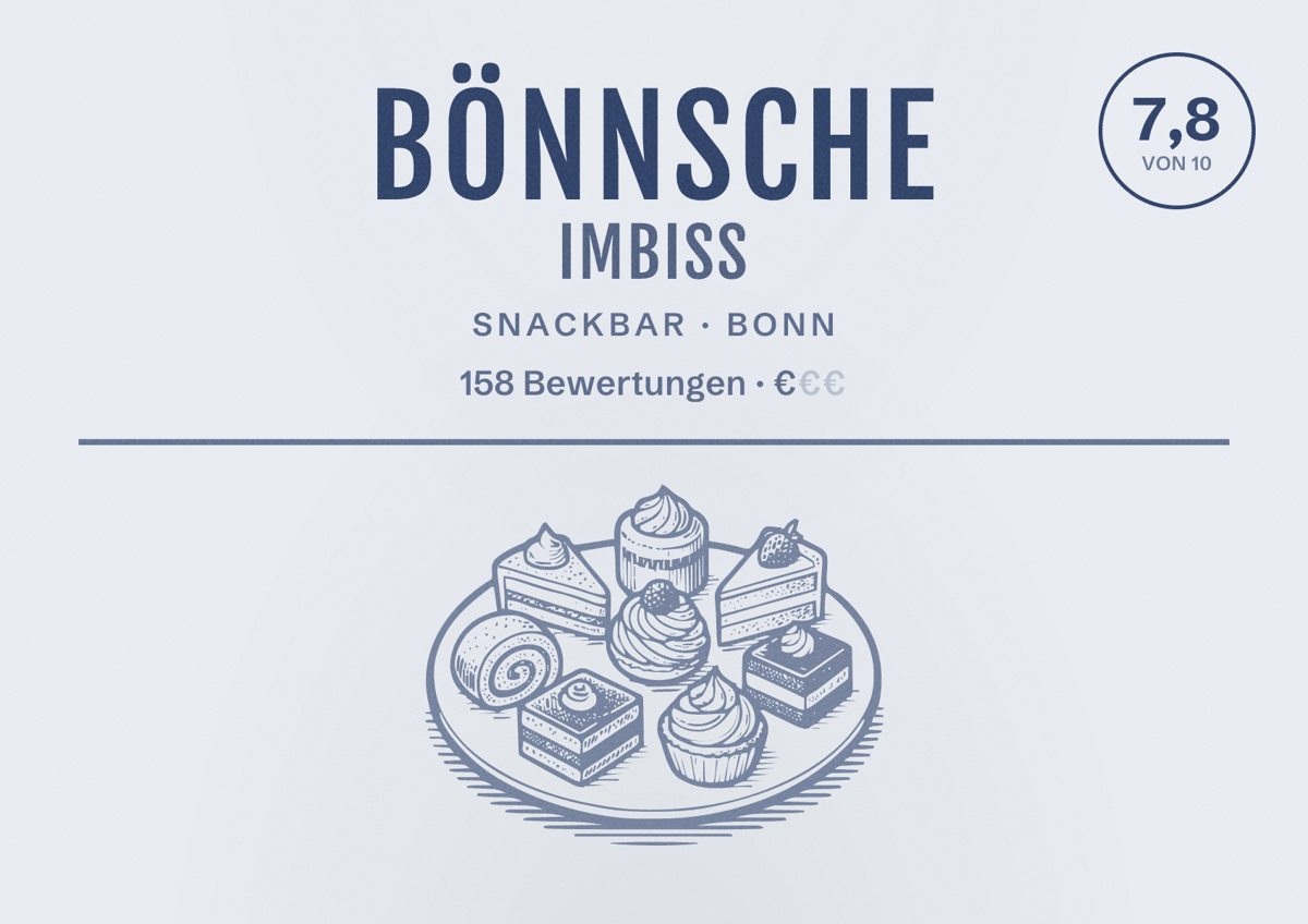 Illustriertes Poster von Bönnsche Imbiss, Snackbar in Bonn: Gästebewertung 7,8 von 10 aus 158 Bewertungen