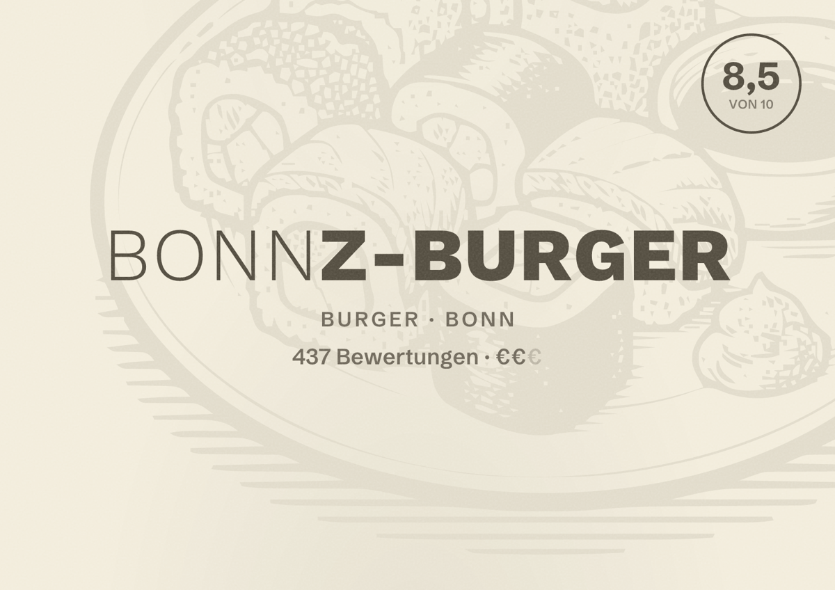 Illustriertes Poster von Bonnz-Burger, Burger in Bonn: Bewertung 8,5 von 10 aus 437 Bewertungen, Preisniveau €€