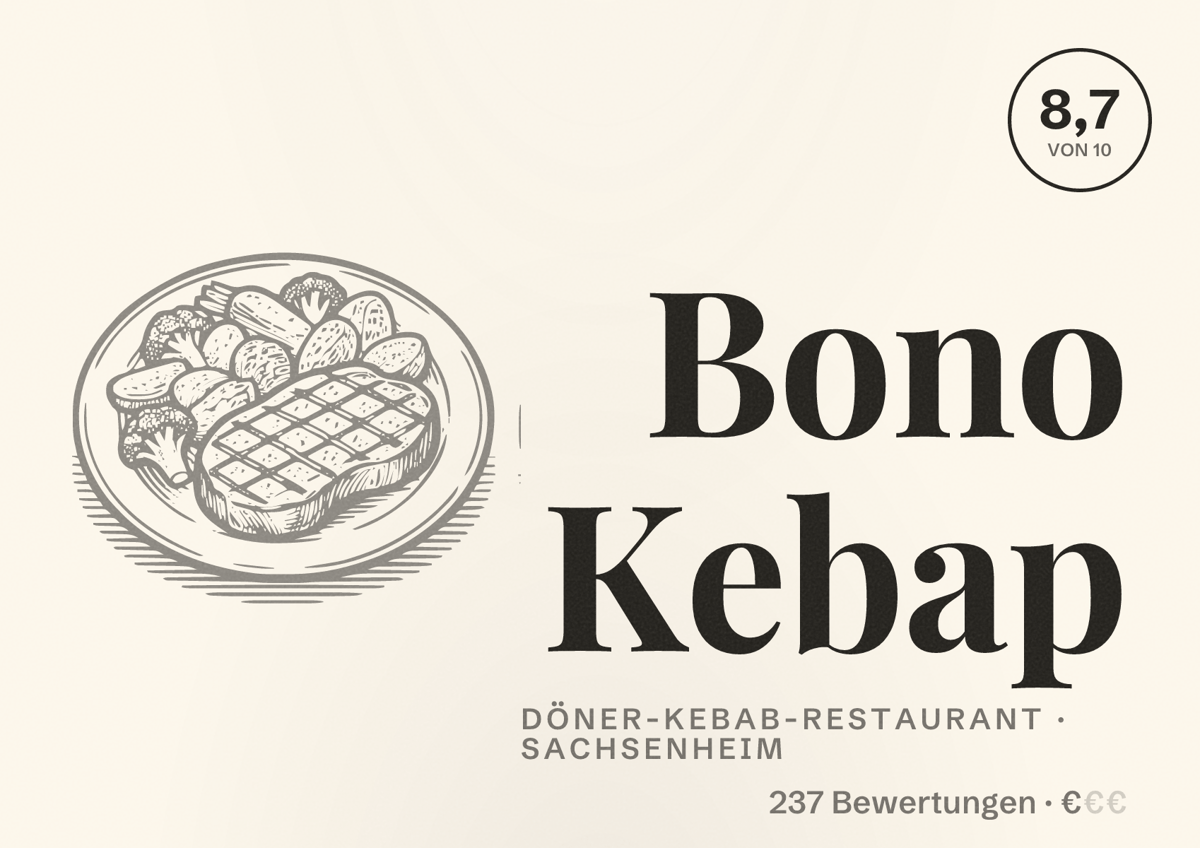 Illustriertes Poster von Bono Kebap, Döner-Kebab-Restaurant in Sachsenheim: Bewertung 8,7 von 10 aus 237 Bewertungen, Preisniveau €