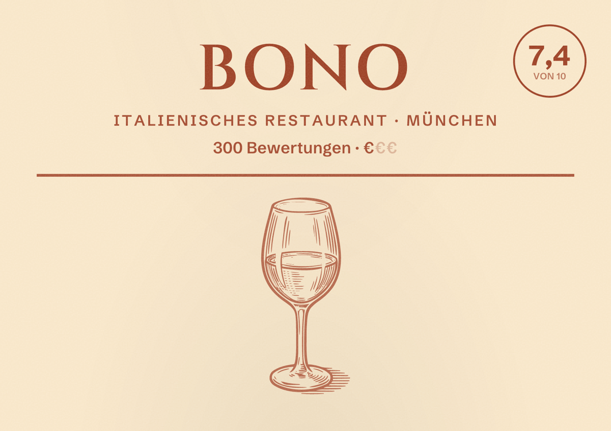 Illustriertes Poster von BONO, Italienisches Restaurant in München: Bewertung 7,4 von 10 aus 300 Bewertungen, Preisniveau €