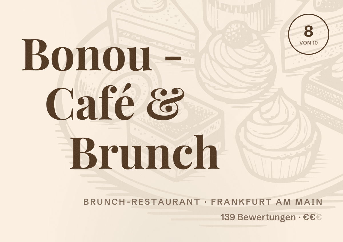 Illustriertes Poster von Bonou - Café & Brunch, Brunch-Restaurant in Frankfurt am Main: Bewertung 8,0 von 10 aus 139 Bewertungen, Preisniveau €€