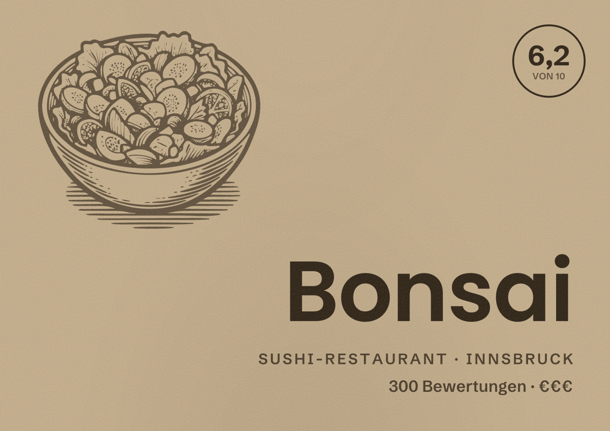 Illustriertes Poster von Bonsai, Sushi-Restaurant in Innsbruck: Bewertung 6,2 von 10 aus 300 Bewertungen, Preisniveau €€€
