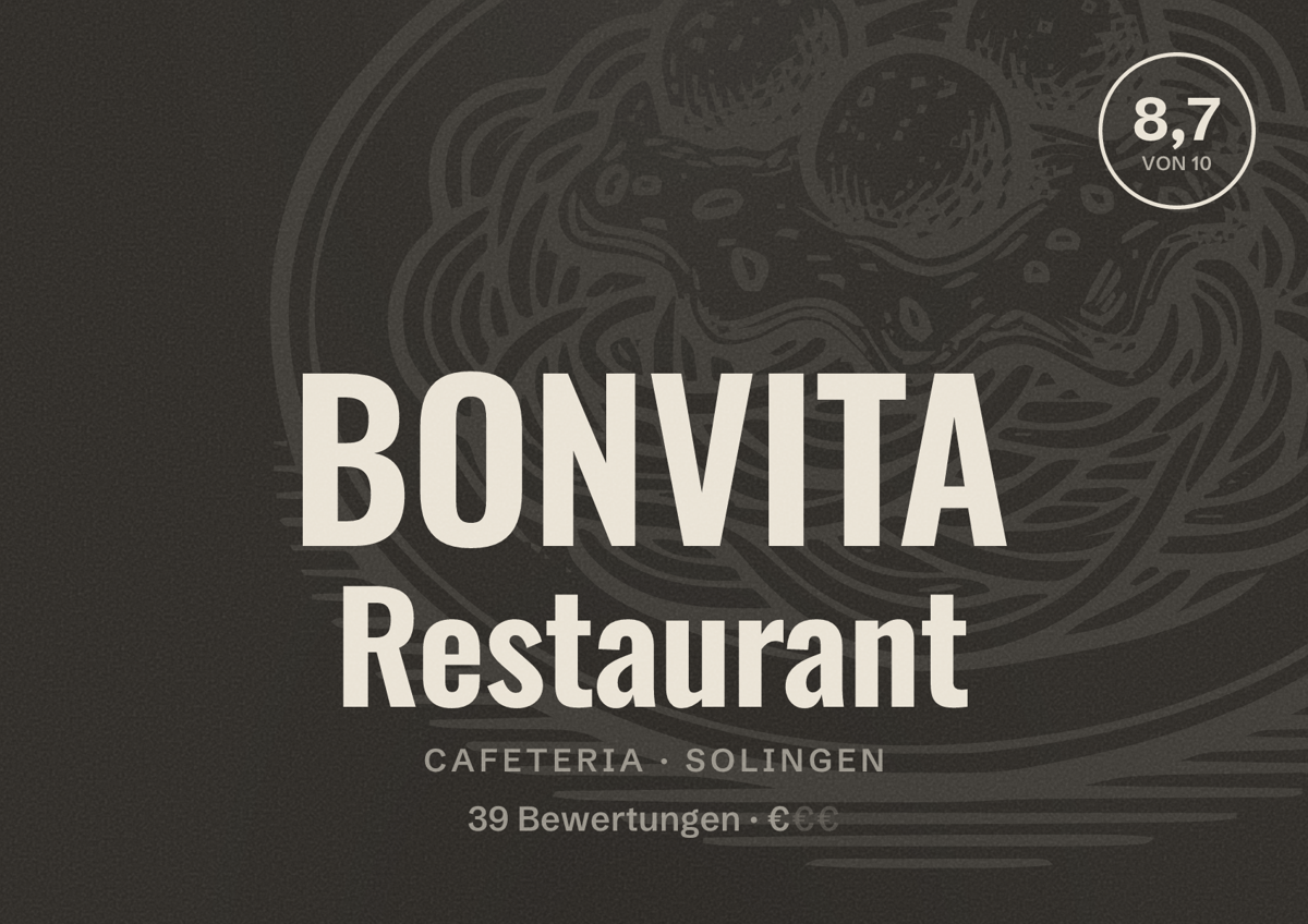 Illustriertes Poster von BONVITA Restaurant, Cafeteria in Solingen: Bewertung 8,7 von 10 aus 39 Bewertungen, Preisniveau €