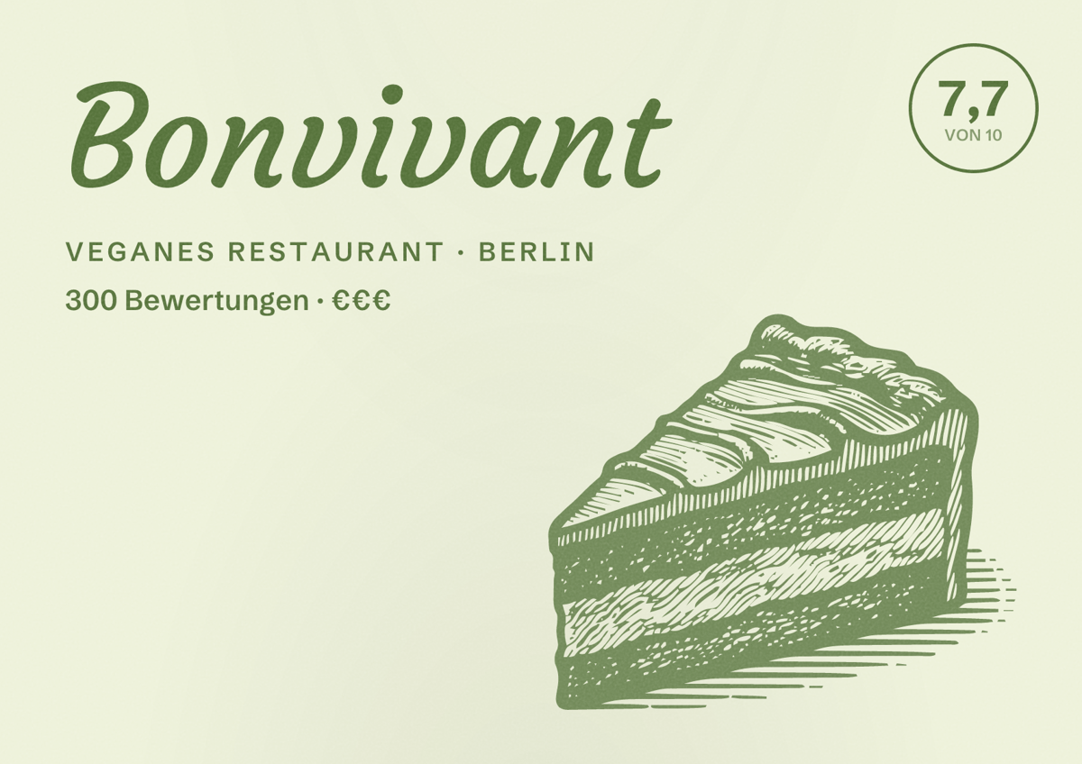Illustriertes Poster von Bonvivant, Veganes Restaurant in Berlin: Bewertung 7,7 von 10 aus 300 Bewertungen, Preisniveau €€€