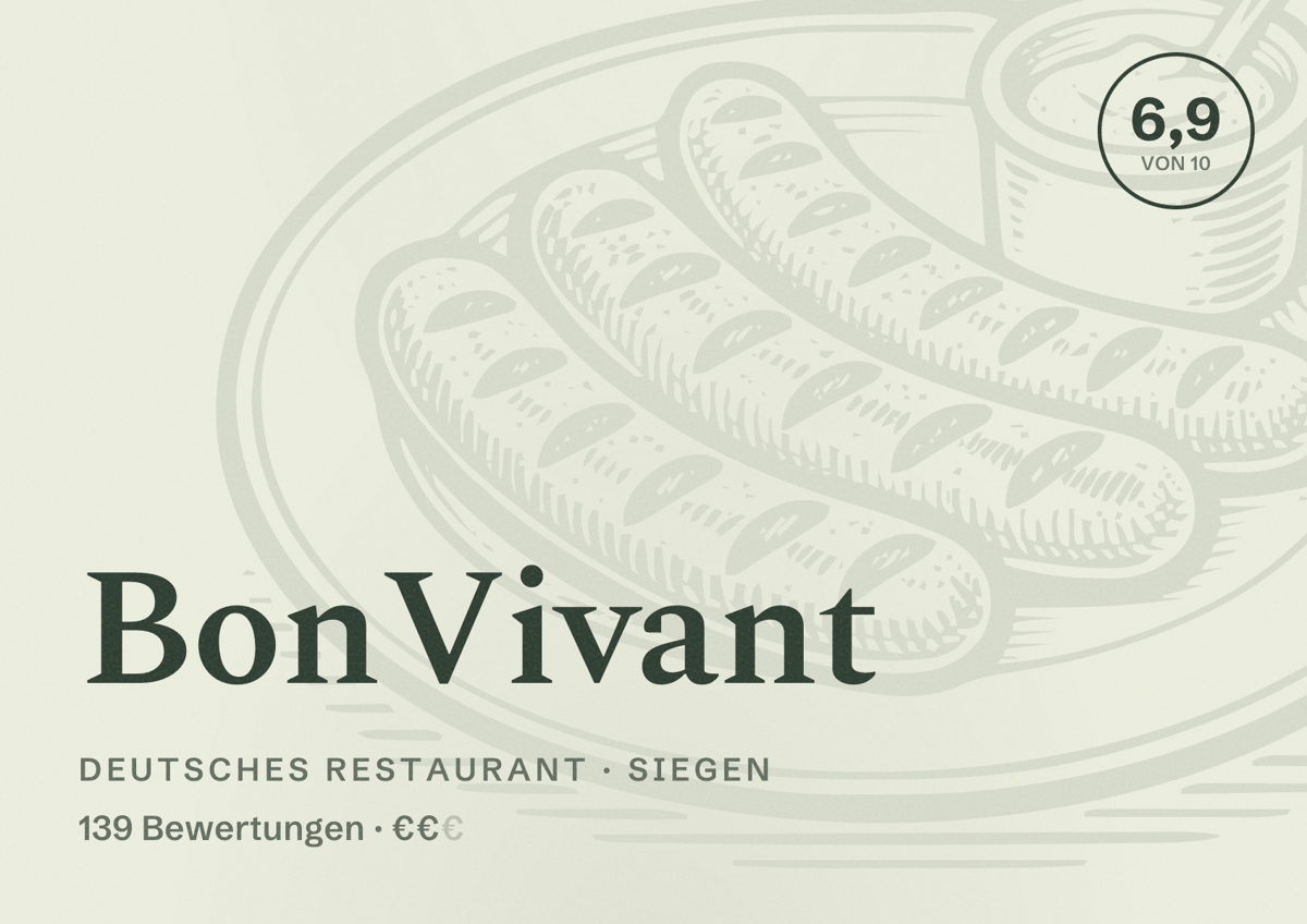 Illustriertes Poster von BonVivant, Deutsches Restaurant in Siegen: Bewertung 6,9 von 10 aus 139 Bewertungen, Preisniveau €€