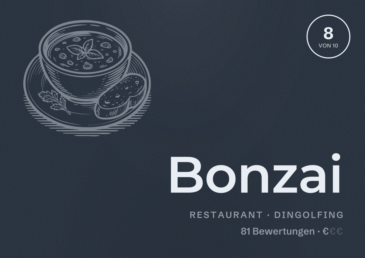 Illustriertes Poster von Bonzai, Restaurant in Dingolfing: Bewertung 8 von 10 aus 81 Bewertungen, Preisniveau €