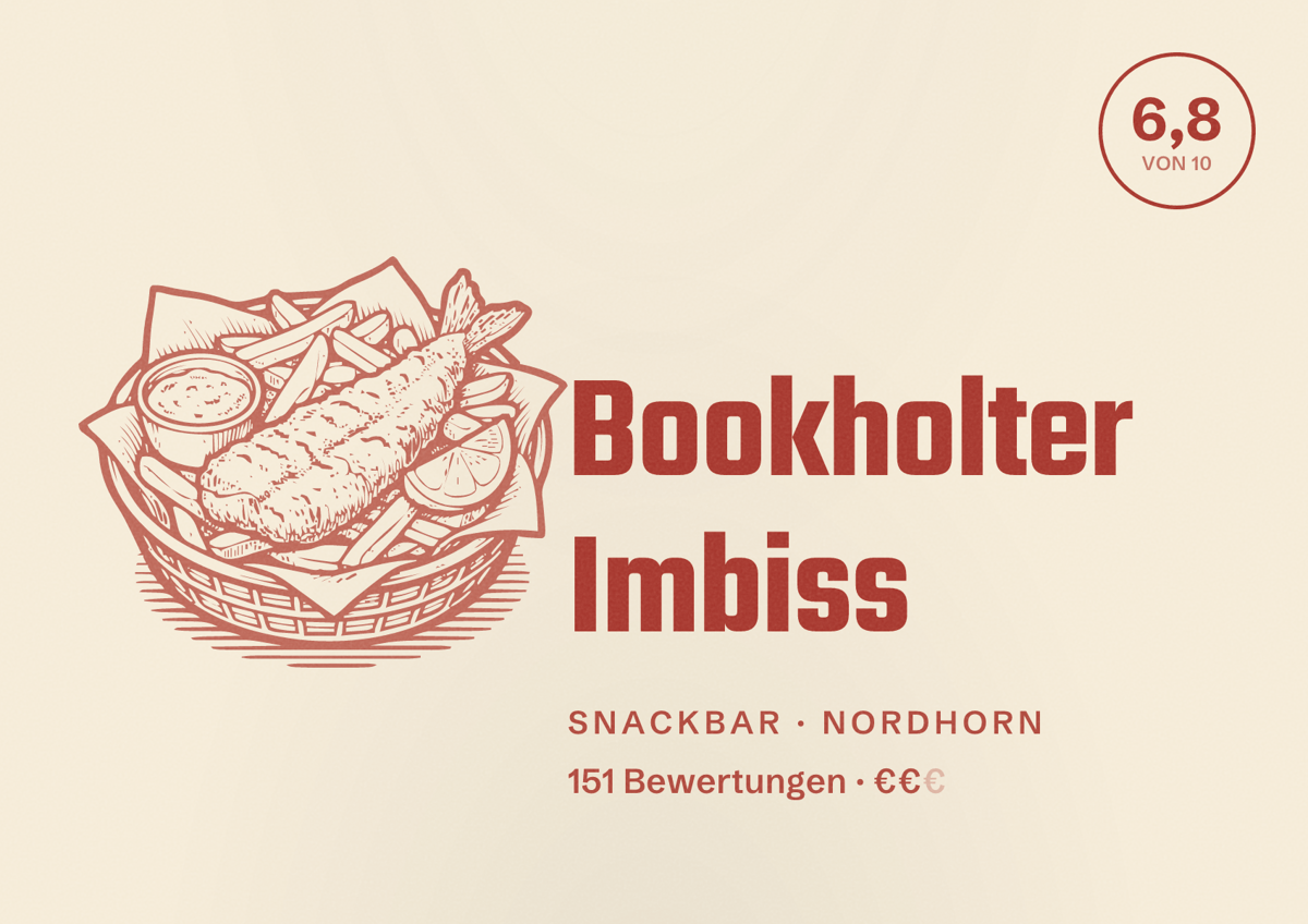 Illustriertes Poster von Bookholter Imbiss, Snackbar in Nordhorn: Bewertung 6,8 von 10 aus 151 Bewertungen, Preisniveau €€