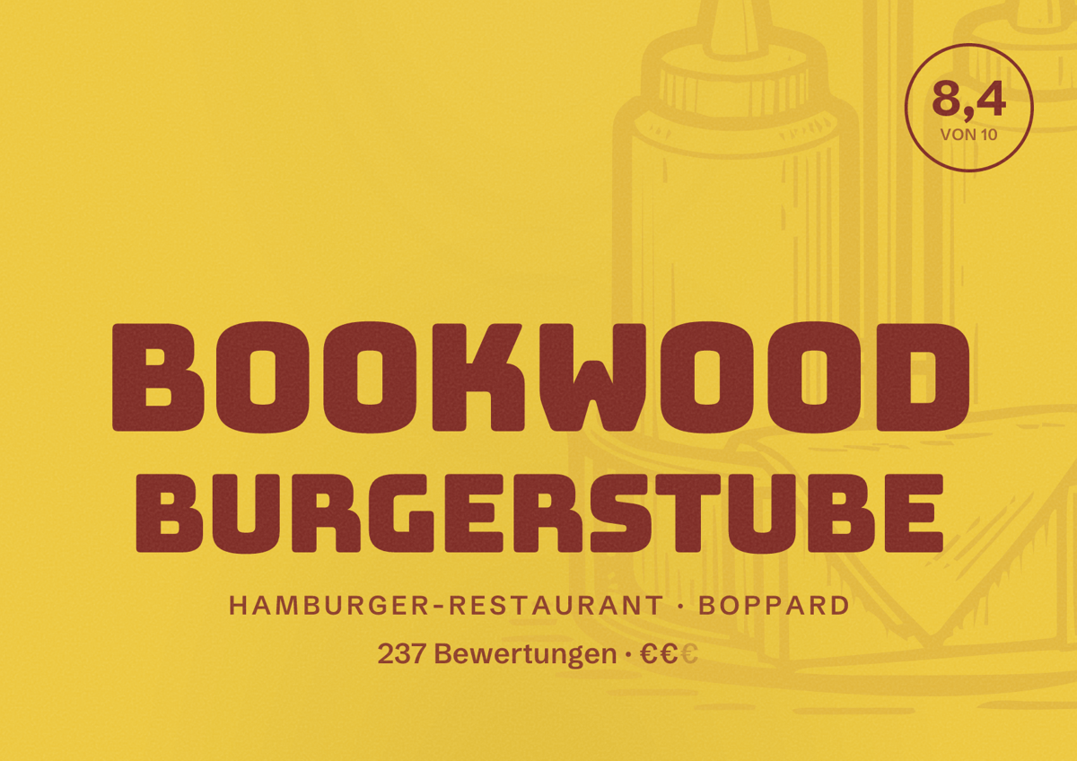 Illustriertes Poster von Bookwood BurgerStube, Hamburger-Restaurant in Boppard: Bewertung 8,4 von 10 aus 237 Bewertungen, Preisniveau €€