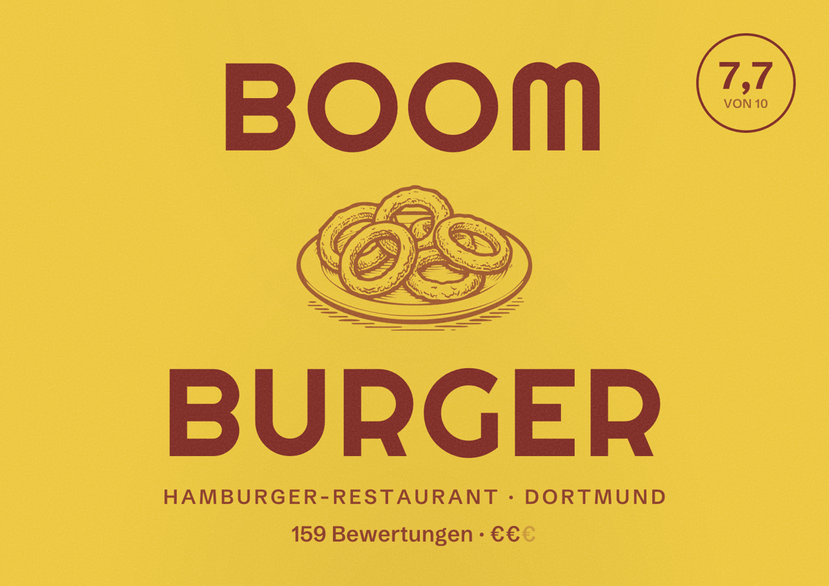 Illustriertes Poster von Boom Burger, Hamburger-Restaurant in Dortmund: Bewertung 7,7 von 10 aus 159 Bewertungen, Preisniveau €€
