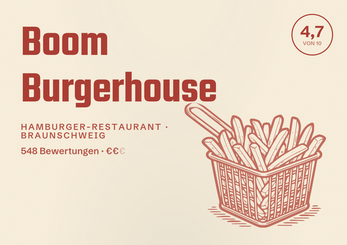 Illustriertes Poster von Boom Burgerhouse, Hamburger-Restaurant in Braunschweig: Bewertung 4,7 von 10 aus 548 Bewertungen, Preisniveau €€