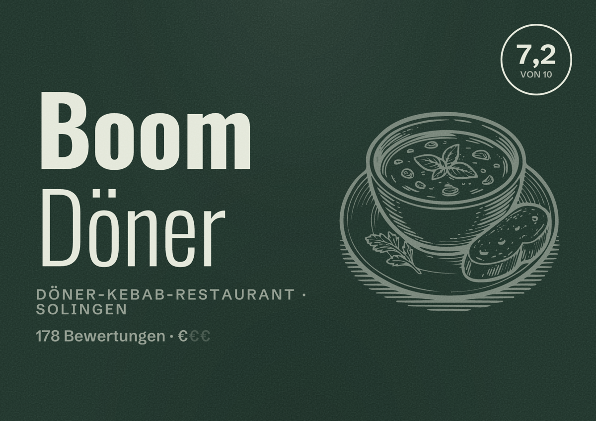 Illustriertes Poster von Boom Döner, Döner-Kebab-Restaurant in Solingen: Bewertung 7,2 von 10 aus 178 Bewertungen, Preisniveau €