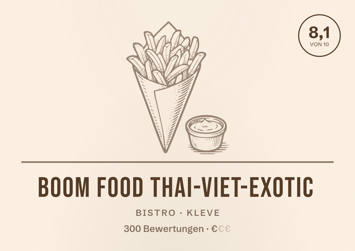 Illustriertes Poster von Boom Food Thai-Viet-Exotic, Bistro in Kleve: Bewertung 8,1 von 10 aus 300 Bewertungen, Preisniveau €