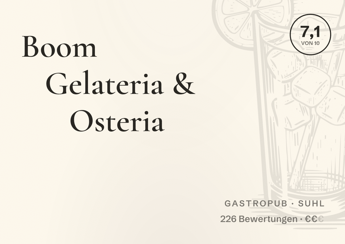 Illustriertes Poster von Boom Gelateria & Osteria, Gastropub in Suhl: Bewertung 7,1 von 10 aus 226 Bewertungen, Preisniveau €€