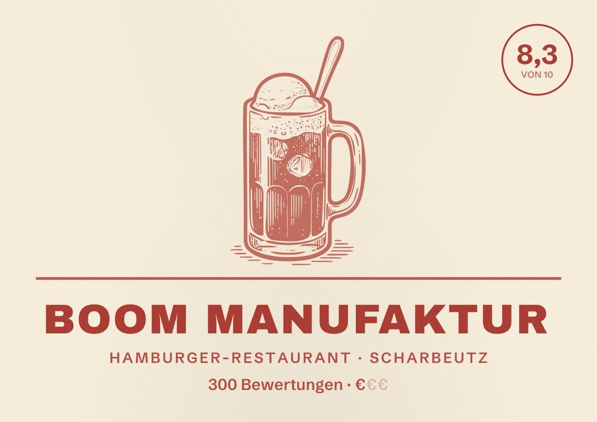 Illustriertes Poster von BOOM MANUFAKTUR, Hamburger-Restaurant in Scharbeutz: Bewertung 8,3 von 10 aus 300 Bewertungen, Preisniveau €