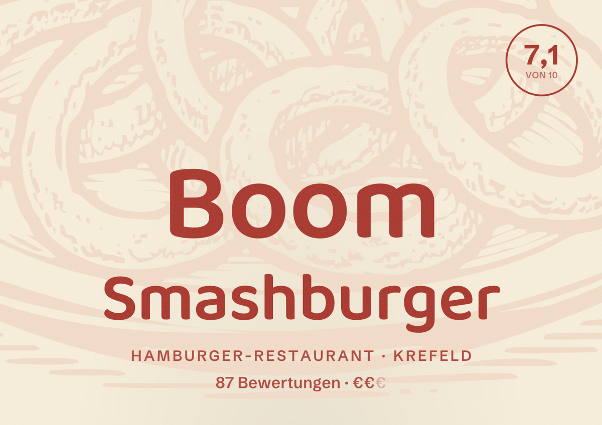 Illustriertes Poster von Boom Smashburger, Hamburger-Restaurant in Krefeld: Gästebewertung 7,1 von 10 aus 87 Bewertungen