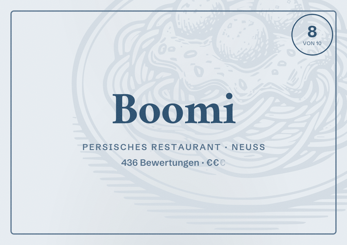 Illustriertes Poster von Boomi, Persisches Restaurant in Neuss: Bewertung 8,0 von 10 aus 436 Bewertungen, Preisniveau €€