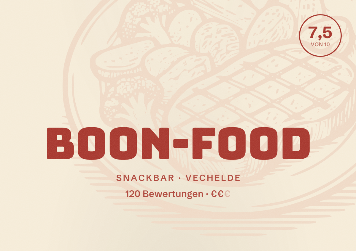 Illustriertes Poster von BOON-FOOD, Snackbar in Vechelde: Bewertung 7,5 von 10 aus 120 Bewertungen, Preisniveau €€