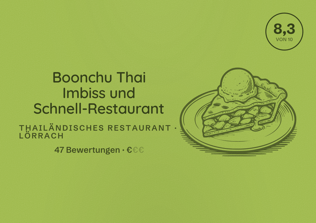 Illustriertes Poster von Boonchu Thai Imbiss und Schnell-Restaurant, Thailändisches Restaurant in Lörrach: Bewertung 8,3 von 10 aus 47 Bewertungen, Preisniveau €