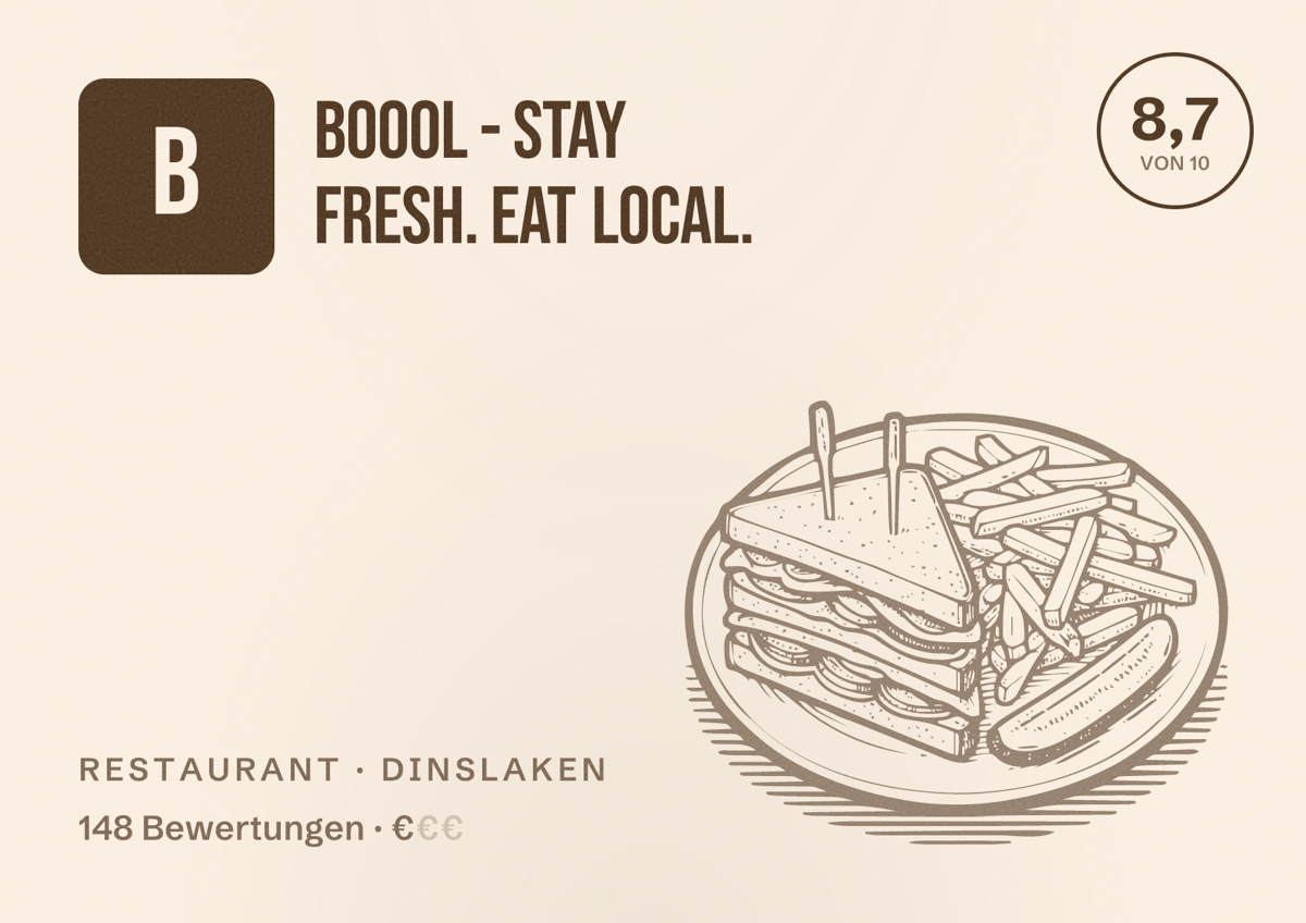 Illustriertes Poster von boool - Stay fresh. Eat local., Restaurant in Dinslaken: Bewertung 8,7 von 10 aus 148 Bewertungen, Preisniveau €