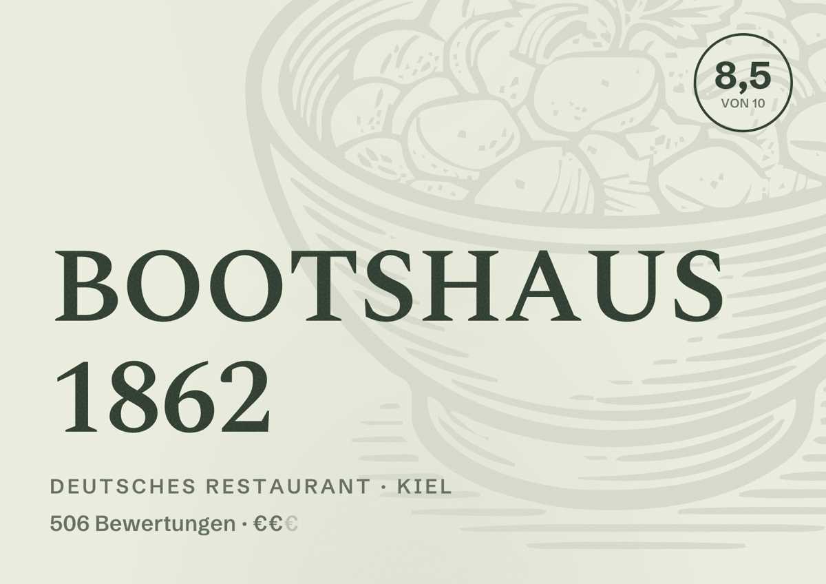 Illustriertes Poster von BOOTSHAUS 1862, Deutsches Restaurant in Kiel: Bewertung 8,5 von 10 aus 506 Bewertungen, Preisniveau €€