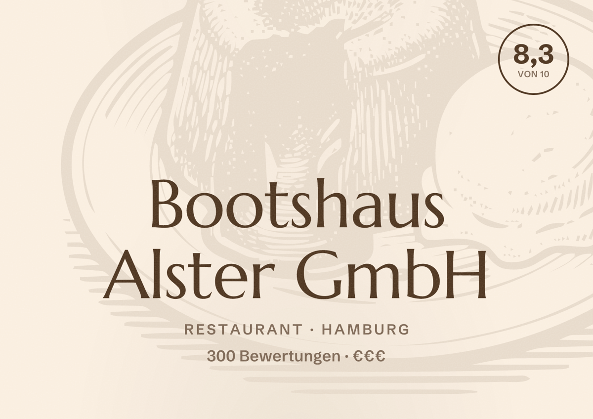 Illustriertes Poster von Bootshaus Alster GmbH, Restaurant in Hamburg: Bewertung 8,3 von 10 aus 300 Bewertungen, Preisniveau €€€