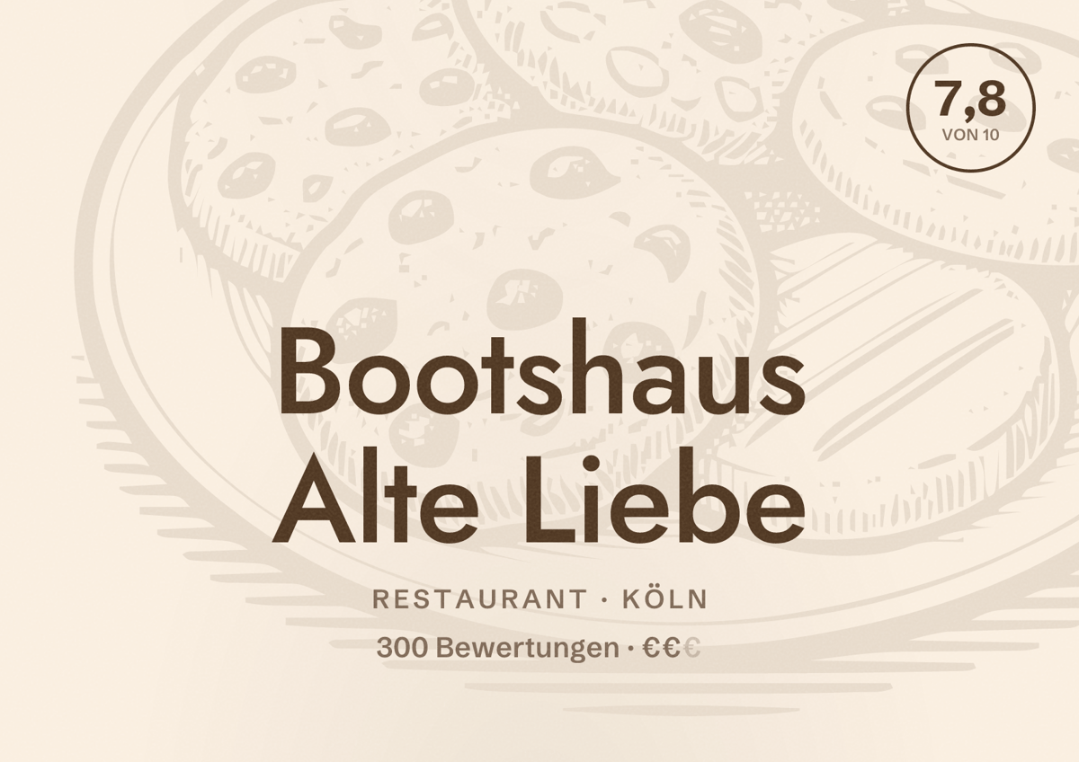 Illustriertes Poster von Bootshaus Alte Liebe, Restaurant in Köln: Bewertung 7,8 von 10 aus 300 Bewertungen, Preisniveau €€