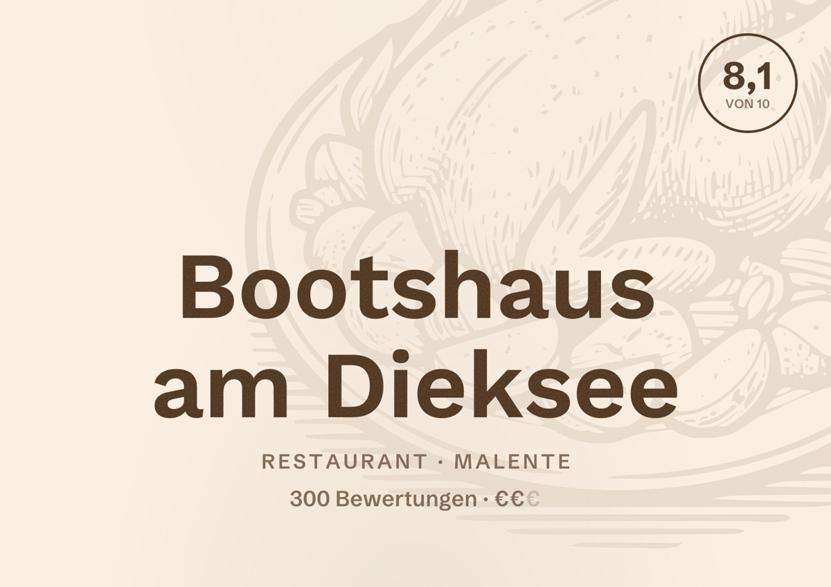 Illustriertes Poster von Bootshaus am Dieksee, Restaurant in Malente: Bewertung 8,1 von 10 aus 300 Bewertungen, Preisniveau €€