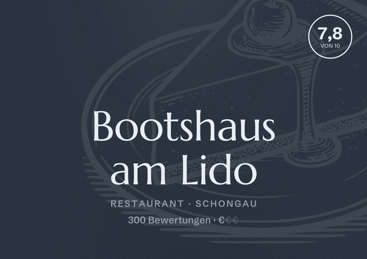 Illustriertes Poster von Bootshaus am Lido, Restaurant in Schongau: Bewertung 7,8 von 10 aus 300 Bewertungen, Preisniveau €