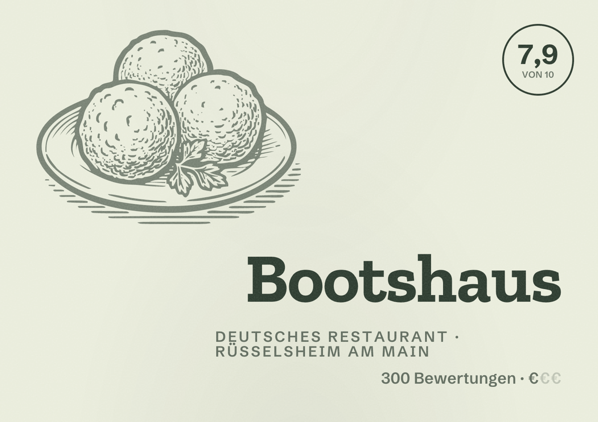 Illustriertes Poster von Bootshaus, Deutsches Restaurant in Rüsselsheim am Main: Bewertung 7,9 von 10 aus 300 Bewertungen, Preisniveau €