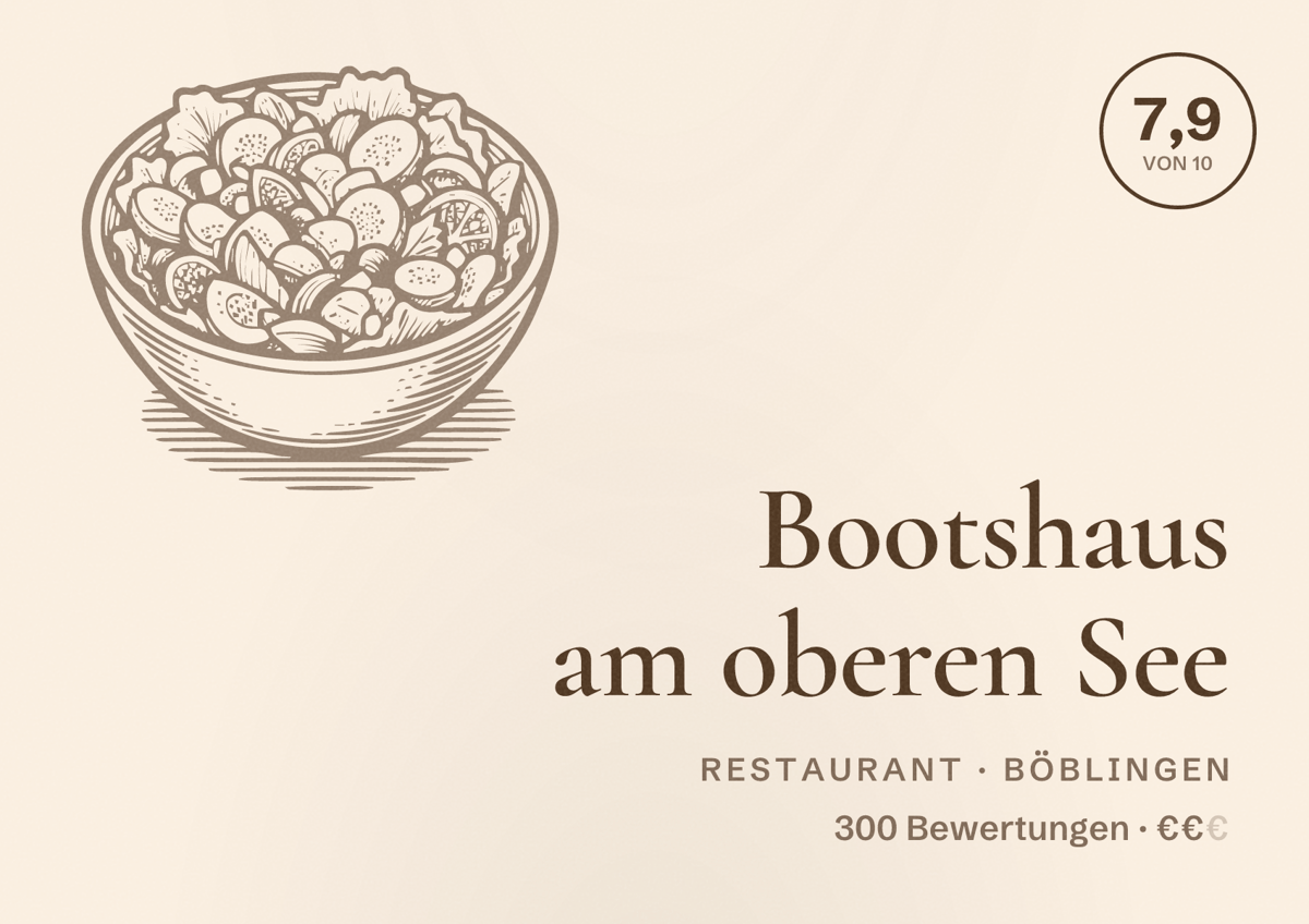 Illustriertes Poster von Bootshaus am oberen See, Restaurant in Böblingen: Bewertung 7,9 von 10 aus 300 Bewertungen, Preisniveau €€