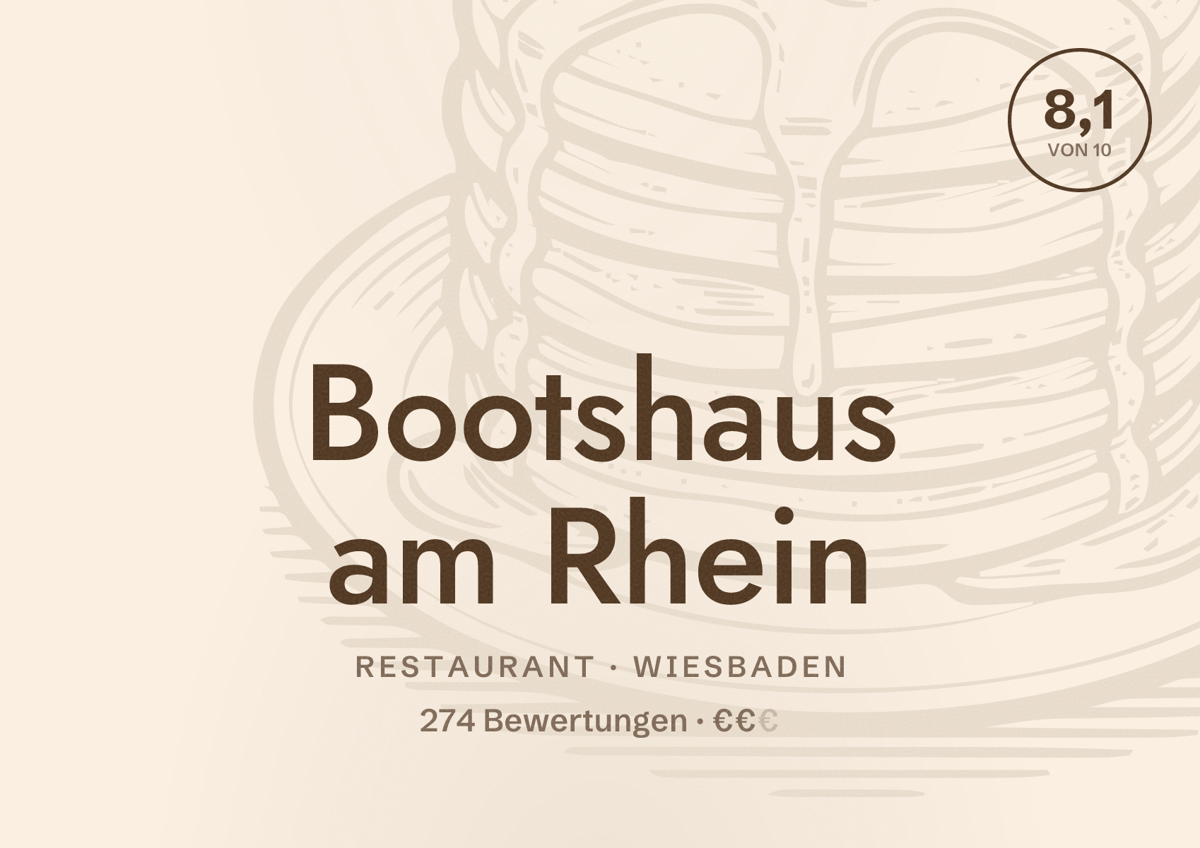 Illustriertes Poster von Bootshaus am Rhein, Restaurant in Wiesbaden: Bewertung 8,1 von 10 aus 274 Bewertungen, Preisniveau €€