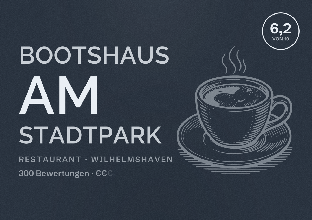 Illustriertes Poster von Bootshaus am Stadtpark, Restaurant in Wilhelmshaven: Bewertung 6,2 von 10 aus 300 Bewertungen, Preisniveau €€
