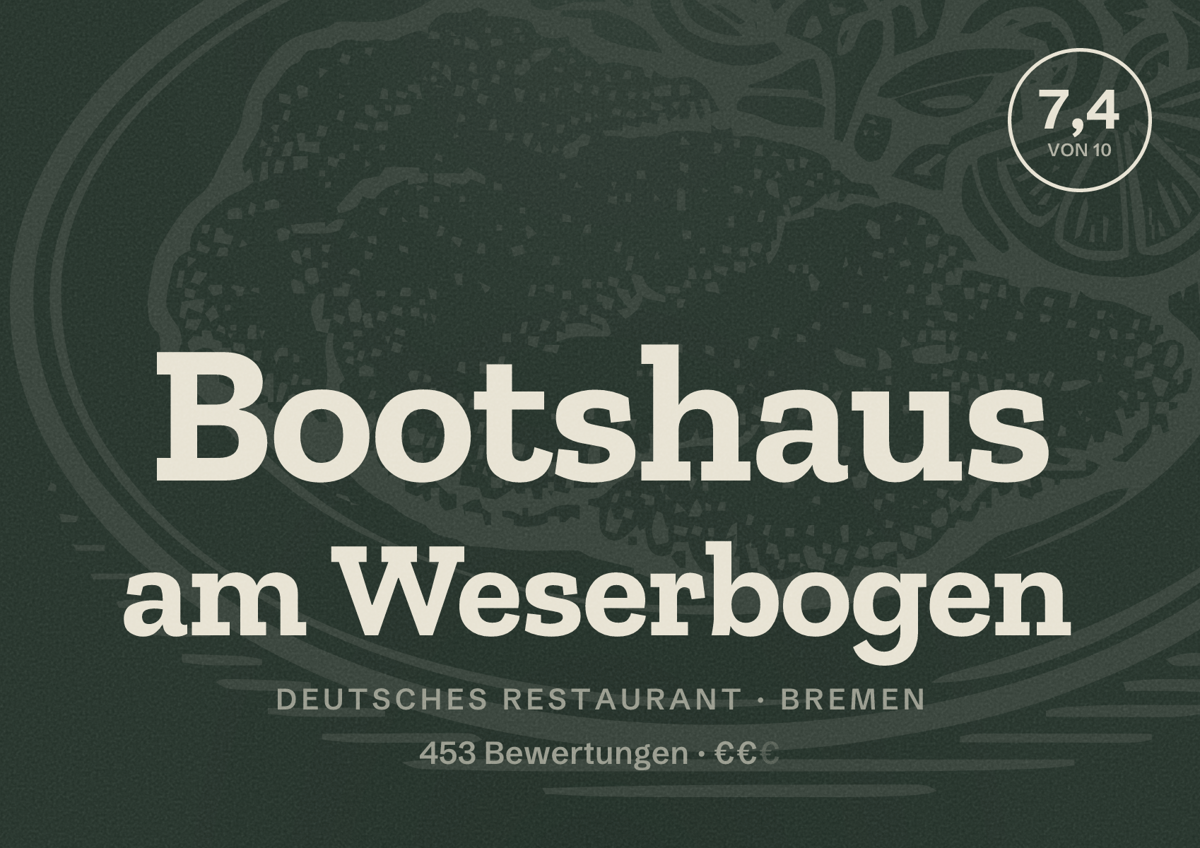 Illustriertes Poster von Bootshaus am Weserbogen, Deutsches Restaurant in Bremen: Bewertung 7,4 von 10 aus 453 Bewertungen, Preisniveau €€