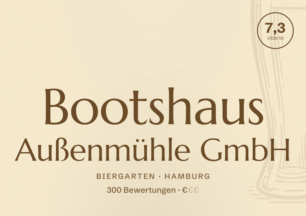 Illustriertes Poster von Bootshaus Außenmühle GmbH, Biergarten in Hamburg: Bewertung 7,3 von 10 aus 300 Bewertungen, Preisniveau €
